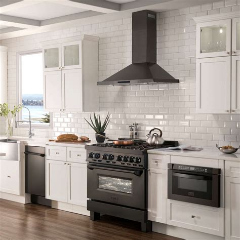 black range with stainless steel wall hood white cabinets|black stainless range hood ventless.